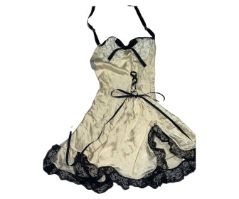 Goth Spit Cream Silk Corset Dress with Black Lace and Trim